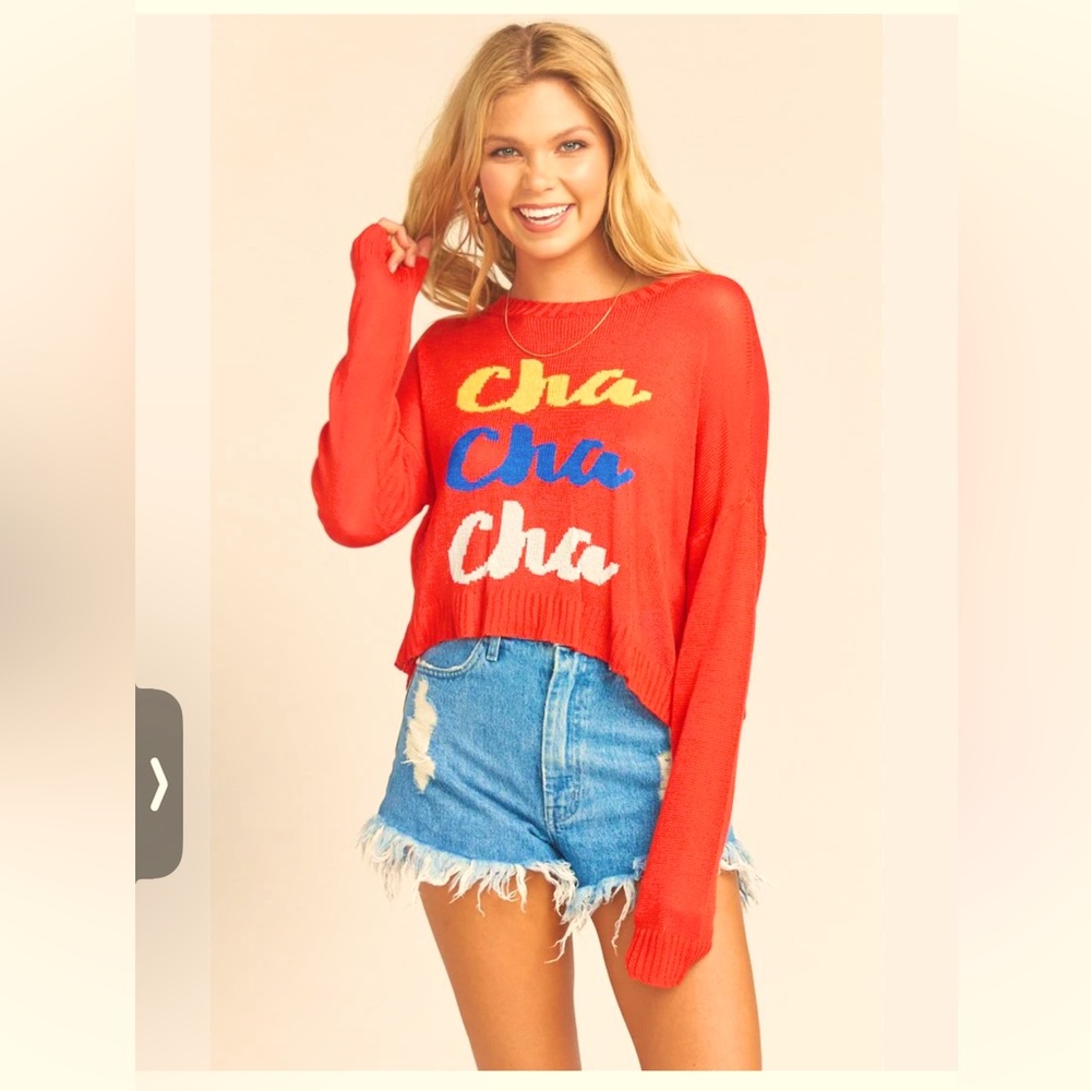 MUMU Cropped Varsity Cha Cha Cha Knit Sweater
